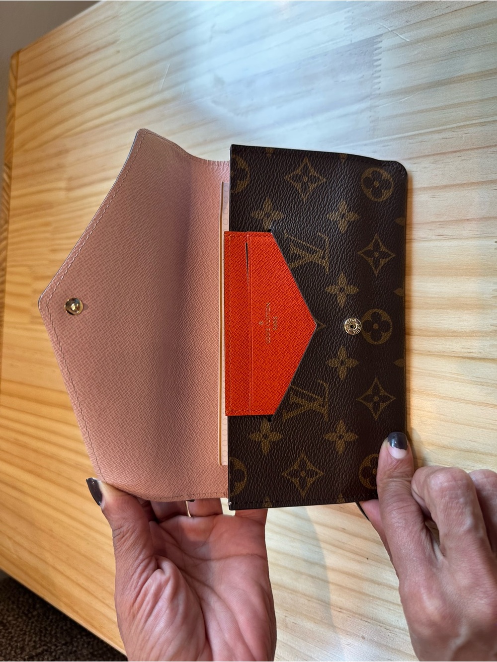 Luxury Monogram Envelope Wallet in Brown & Pink with Orange Card Slot